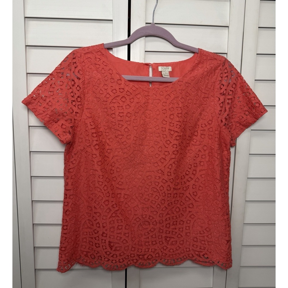 J. Crew Lace Short Sleeve Scalloped Hem Lined Cotton Top Women's Size 6 Coral